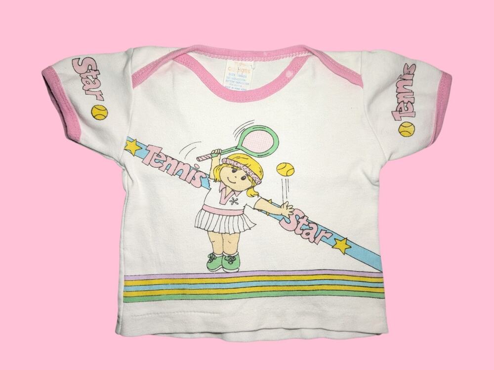 Vintage 80s Tuff Cookies "Tennis Star" Graphic Baby T-Shirt Size 18M Pink Trim